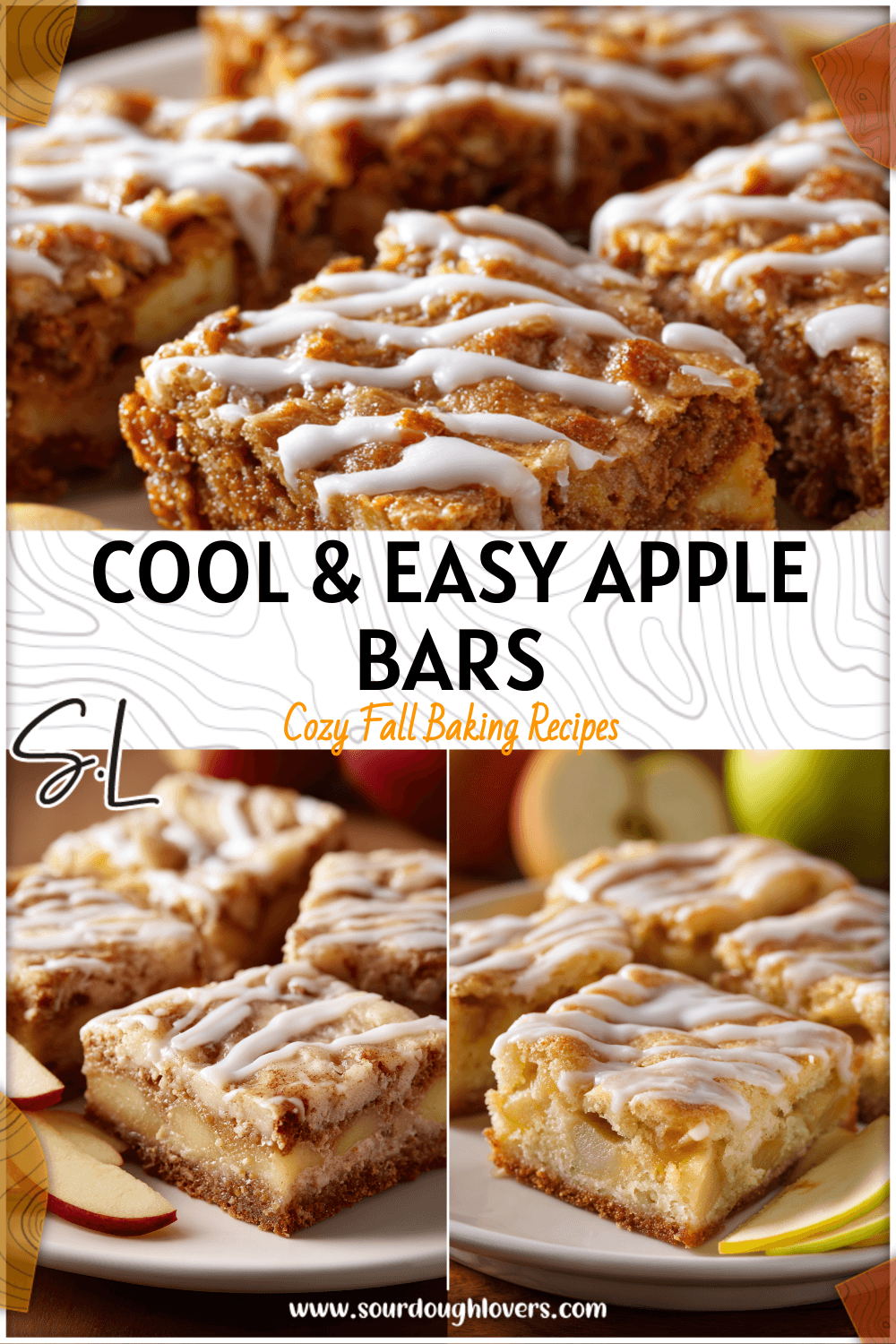 Slices of chilled apple bars topped with glaze served on a white plate with sliced apples